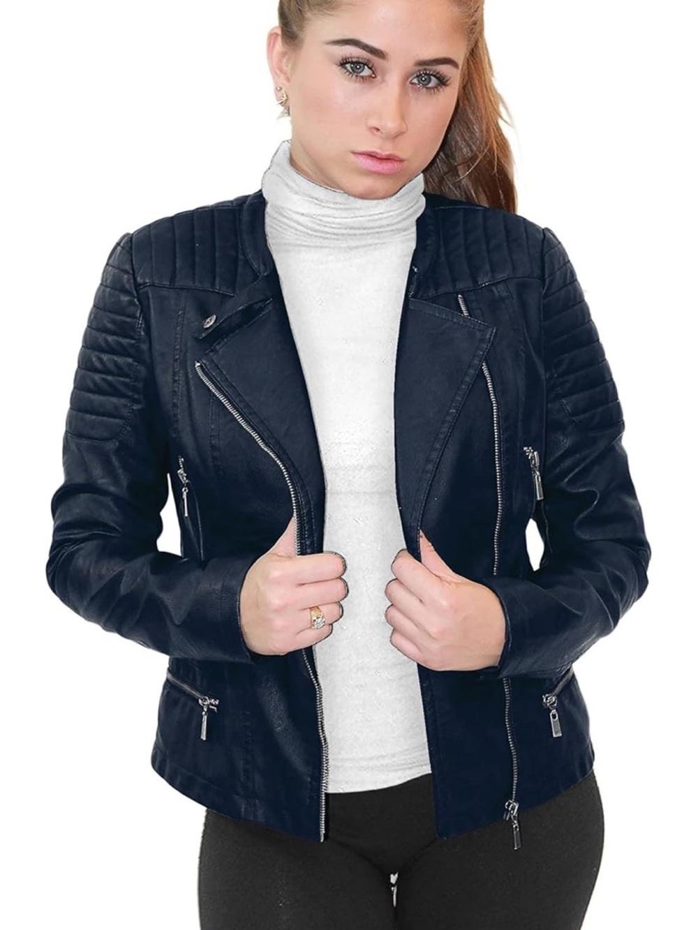 Olivia Miller Womens Faux Leather Zip Up Moto Biker Jacket M C/3